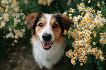 Adorable Dog Posing Amidst Flowers