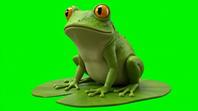3D Green Frog On A Lily Pad Against Green Screen