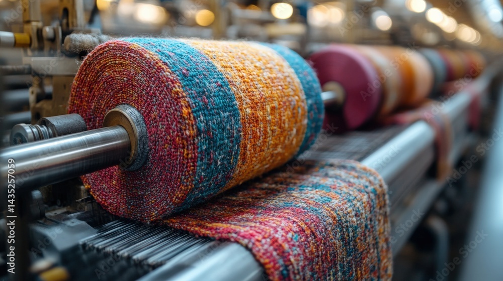 Poster colorful textile rolls on a weaving machine in a textile factory with vibrant patterns and textures