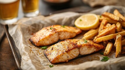 Crispy fish chips beer pub fare Delicious salmon with fries and lemon served on a rustic platter.
