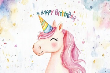 Obraz na płótnie Canvas Colorful happy birthday unicorn with pink mane and party hat in watercolor