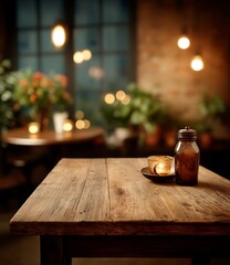 Rustic Wooden Tabletop with Warm Lighting