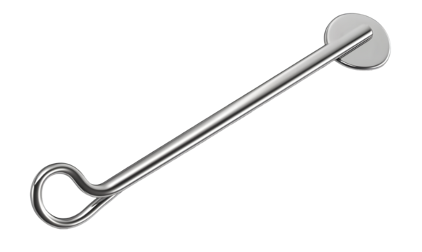 Metal fastening tool.  A  long, slender,  metal  part with  a  circular  head and  a  loop