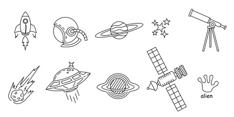 A set of line illustrations featuring various space elements, including rockets, astronaut helmets, planets, stars, telescopes, meteors, UFOs, satellites, and alien symbols.