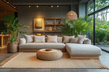 Obraz premium of eco-friendly interior design featuring natural materials and lush green plants.
