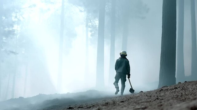 Firefighter Walking Through Smoke-Filled Forest With Axe
