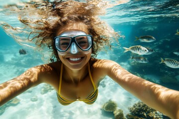 Naklejka premium A stunning and sexy happy black young woman with long hair in a swimming mask and fins snorkeling among the corals. A dense school of silver fish swims next to her. Bright commercial style ima.
