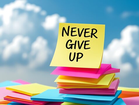 Colorful sticky notes with a motivational quote "Never Give Up" against a bright blue sky and clouds, symbolizing perseverance, encouragement, positivity, and success
- Powered by Adobe