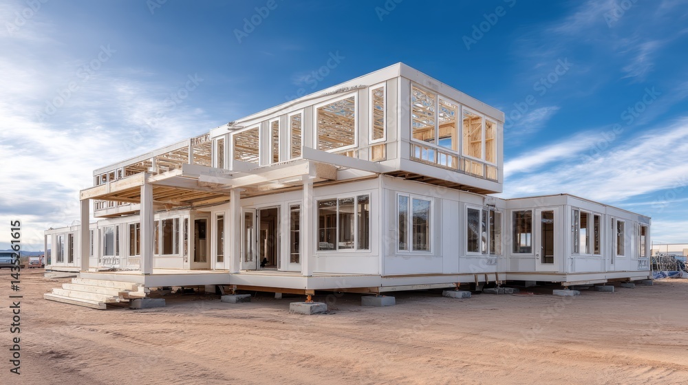 Poster exterior of a modular home under construction, showing the precision of the building process - mater