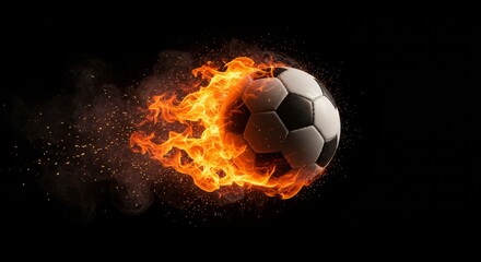 Fototapeta premium Fiery Soccer Ball in Motion - A soccer ball engulfed in flames streaks across a black background, creating a dynamic and energetic