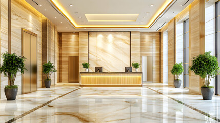 Fototapeta premium Luxurious hotel lobby interior design; elegant reception desk, marble flooring, modern architecture, gold accents, potted plants.
