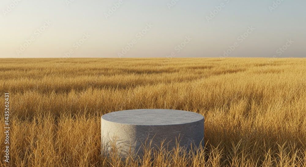 Poster golden field platform - a round stone platform sits in a field of golden wheat, bathed in soft sunli