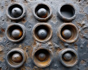 Multiple perfectly round portholes on a weathered ship's hull - tarnished detail rusty circular tourism