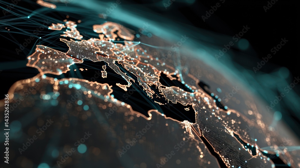 Poster a stunning 3d rendering of europe illuminated by network connections, showcasing digital innovation 