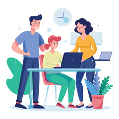 man sitting at his desk working on laptop, with woman standing near him holding phone, designed in flat style vector 
