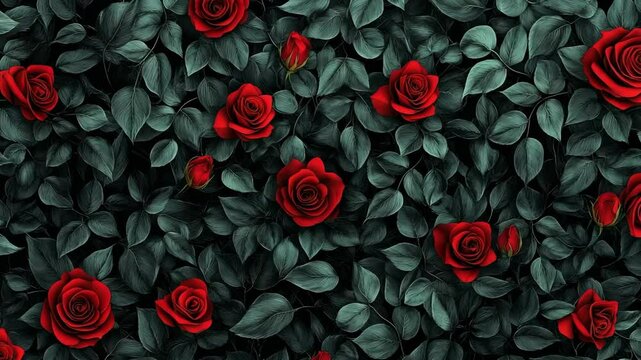 Overhead seamless pattern of vibrant red rose blooms intermixed with dark green leaves against a black background creating a floral tapestry