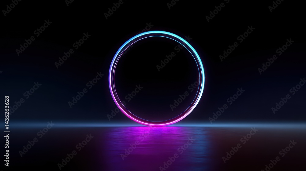 Poster a vibrant circular neon light structure glowing against a dark backdrop, creating a captivating visu