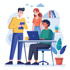 man sitting at his desk working on laptop, with woman standing near him holding phone, designed in flat style vector 
