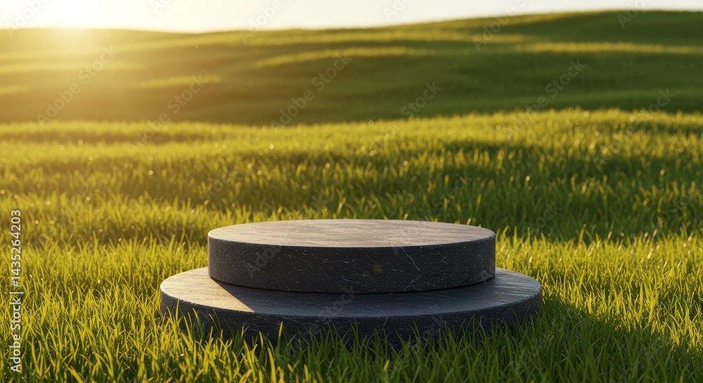 Poster rustic stone display in sunny field - two-tiered dark stone display platform sits in a vibrant green