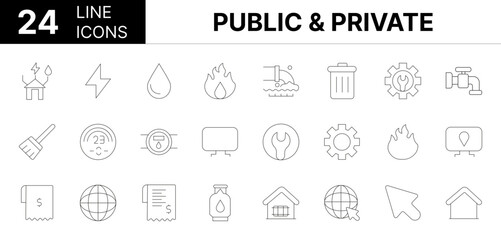 Collection of 24 Public & private line icons featuring editable strokes. These outline icons depict various modes of Public & private, icon, apartment, bill, cctv, charger, civil, cleaning, electricit