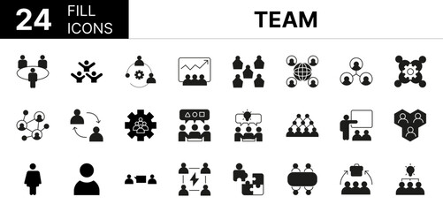 Collection of 24 team line icons featuring editable strokes. These outline icons depict various modes of team, teamwork, icon, association, collaboration, business, community, communication, businessm