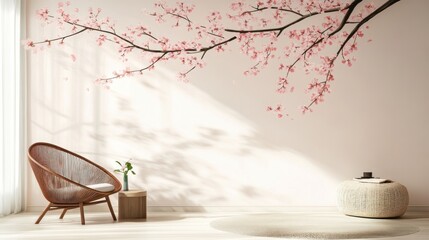 Delicate pink cherry blossoms adorn a tranquil interior space.