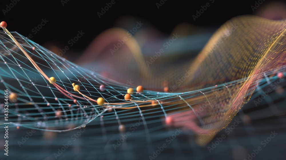 Poster abstract digital landscape representing data flow and connectivity through colorful waves and partic