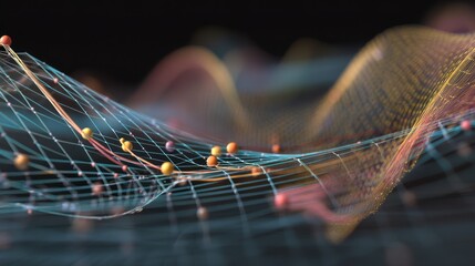 Abstract digital landscape representing data flow and connectivity through colorful waves and particles.