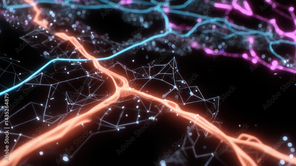 Poster abstract representation of digital networks, showcasing vibrant colors and intricate connections in 