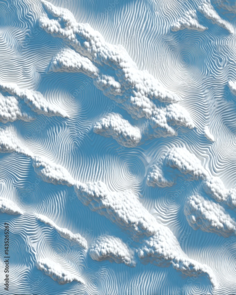 Poster aerial view of fluffy white clouds casting shadows on a rippled surface creating a serene and dreamy