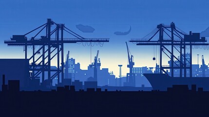 Fototapeta premium Industrial port silhouette with cranes and cargo ships at dusk