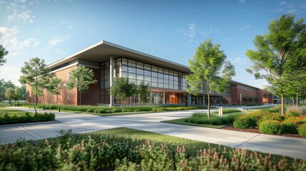 Naklejka premium Architectural marvel: Modern building blending seamlessly with nature's embrace