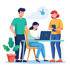 man sitting at his desk working on laptop, with woman standing near him holding phone, designed in flat style vector 
