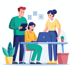 man sitting at his desk working on laptop, with woman standing near him holding phone, designed in flat style vector 
