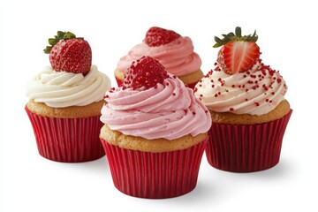 Four cupcakes with strawberry topping on white background