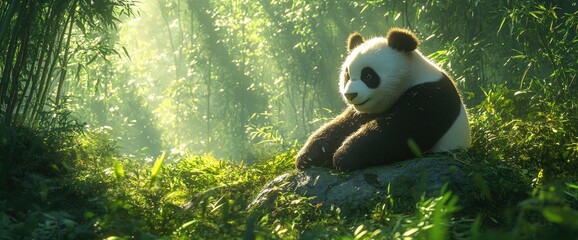 Panda in lush green forest relaxing wildlife scene