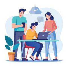 man sitting at his desk working on laptop, with woman standing near him holding phone, designed in flat style vector 
