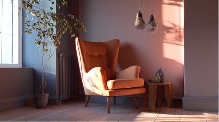 Cozy interior featuring an orange armchair, potted plant, and warm lighting for a relaxing atmosphere.