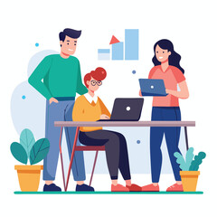 man sitting at his desk working on laptop, with woman standing near him holding phone, designed in flat style vector 
