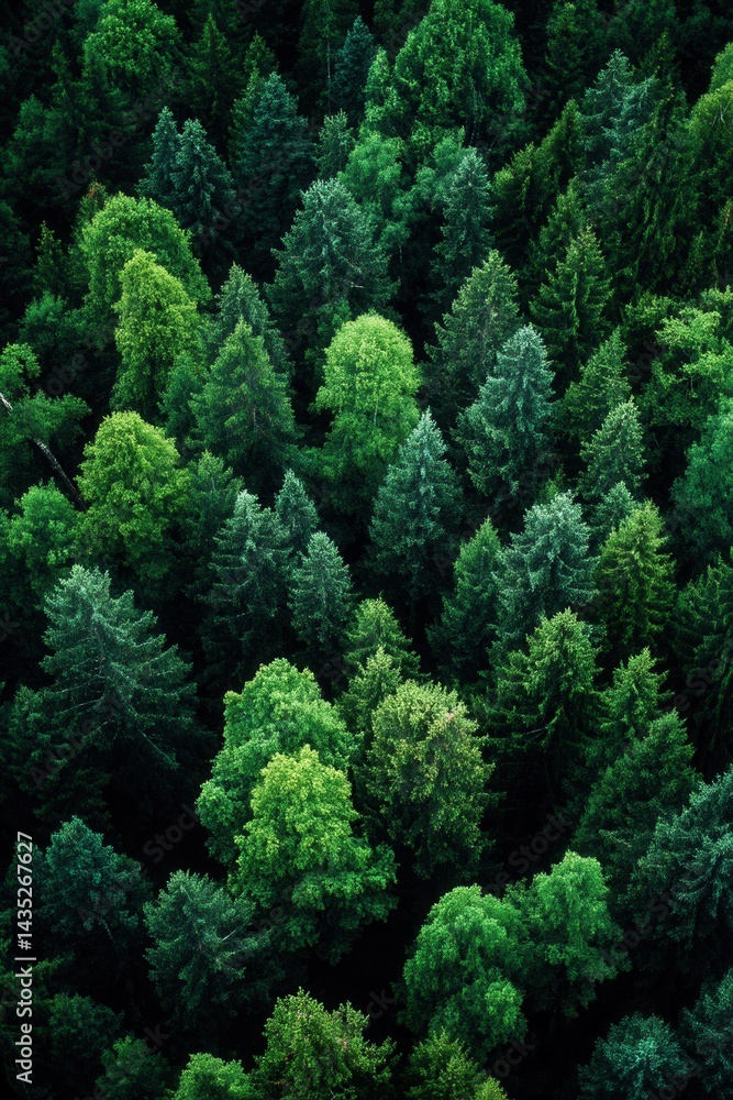 Aufkleber aerial view of lush green forest canopy with evergreen and deciduous trees in sunlight, creating a d