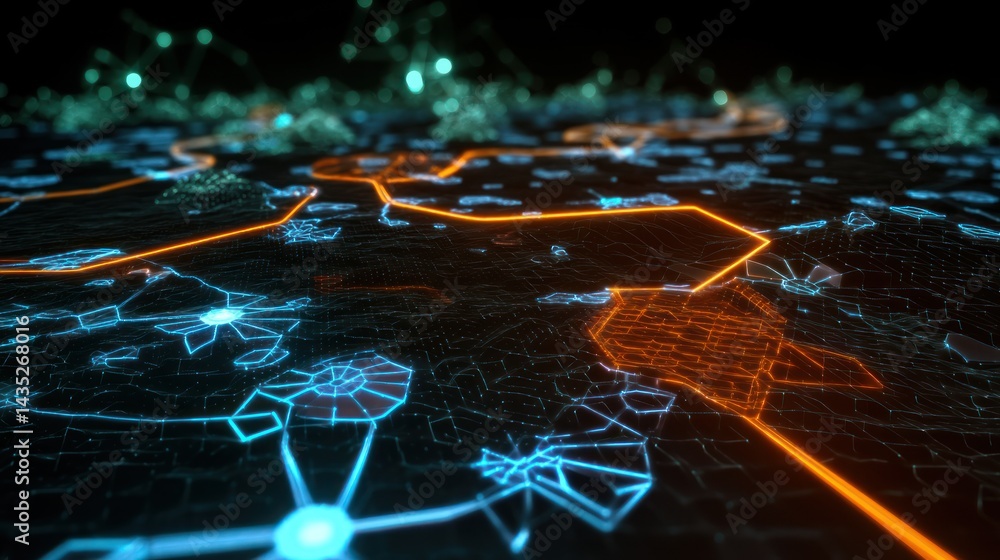 Poster futuristic digital network with blue and orange connections forming a complex structure and represen