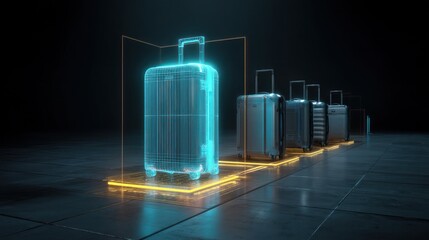 Futuristic display of suitcases in a digital environment, showcasing travel essentials and innovation.