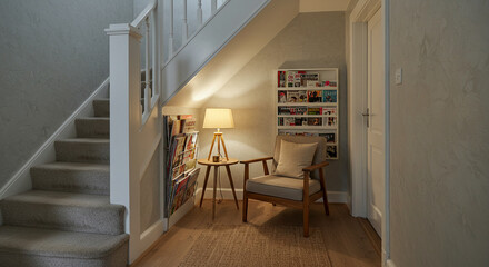 Interior shows Staircase with Chair and Lamp in a Cozy Home Reading Nook Area