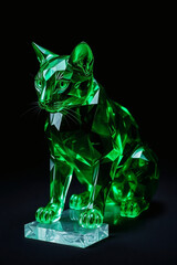 A majestic statue, full-body Bengal cat sculpted from a vibrant, rich emerald crystal, its sleek body exhibiting sharp, deep facets that refract and reflect light