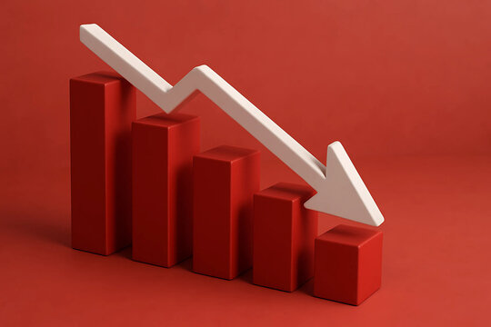 White arrow plunging over descending red bars on a red background, symbolizing decline, loss, and downturn