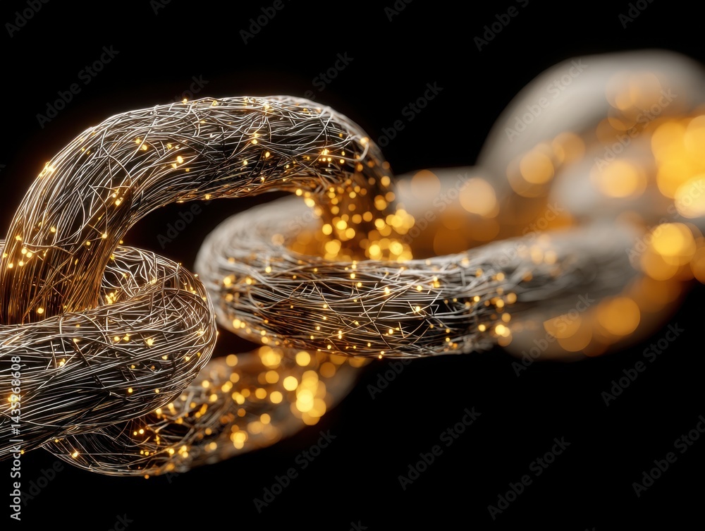 Poster interconnected metallic chain links with glowing particles on dark background symbolizing connection