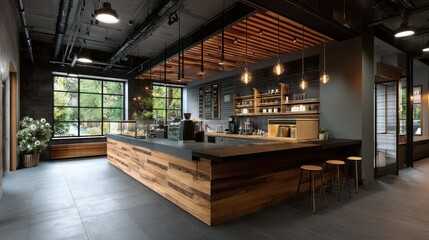 Modern coffee shop interior featuring wood accents and cozy seating for a relaxing atmosphere.
