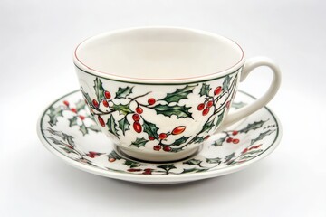Holly teacup and saucer still life on white background