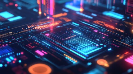 Fototapeta premium Abstract digital circuit board with vibrant glowing neon lights