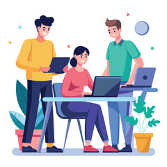 man sitting at his desk working on laptop, with woman standing near him holding phone, designed in flat style vector 
